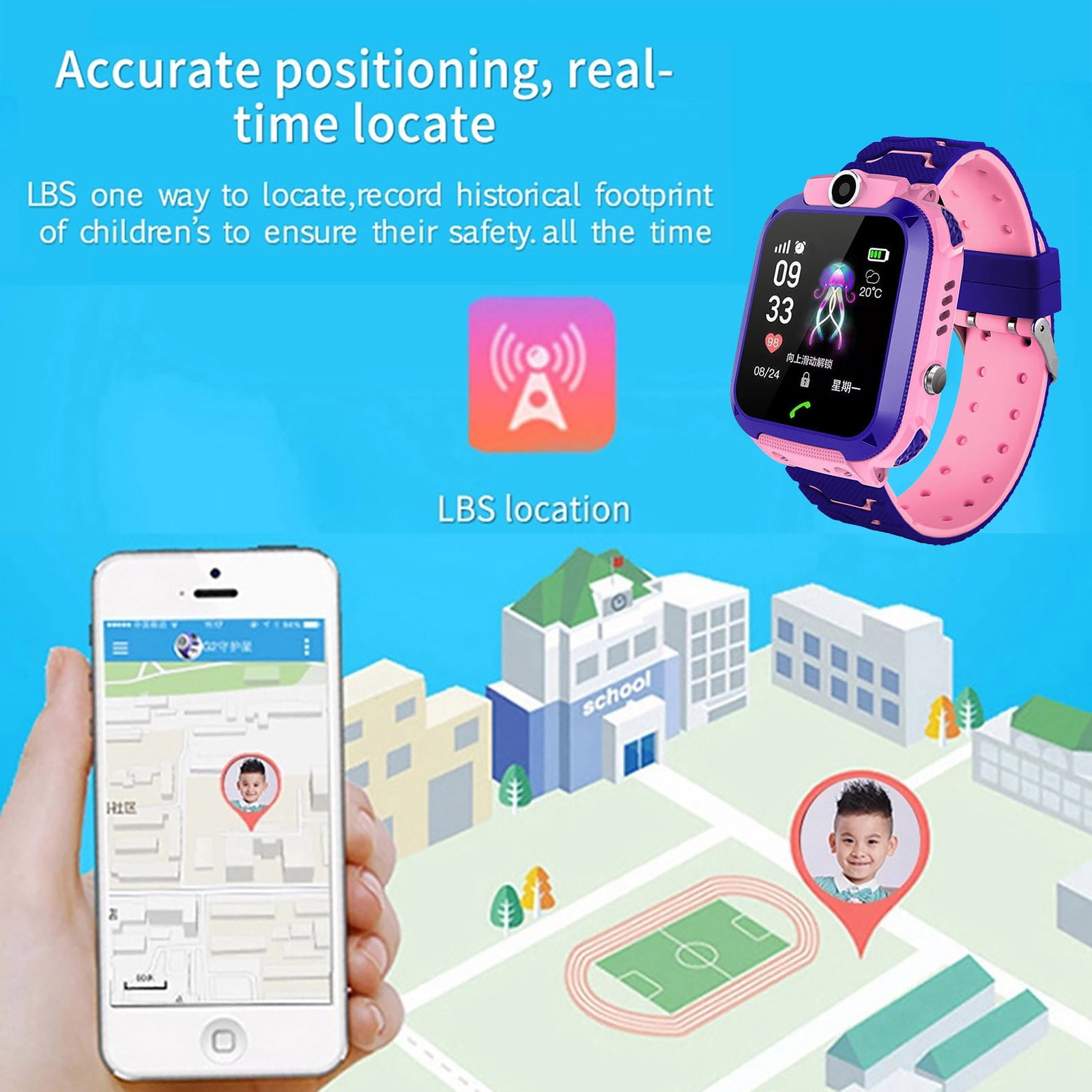 Kids Smart Watch with GPS Tracker & Two-Way Calling, 1.44" HD Touch Screen, Parental Controls, IPX6 Waterproof, SIM Card Compatible, Perfect for Boys & Girls Ages 3-12, Pink