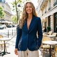 thumbnail image 2 of Xinoom Women Single Button Blazer Jacket, Notched Lapel Long Sleeve Suit Coat, Lace Panel Spliced Hem, Elegant Slim Fit For Work Office Business Casual Occasions Blue,XS, 2 of 8