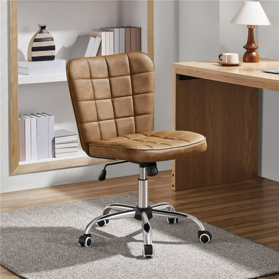 Yaheetech Modern Tufted Armless Desk Office Chair with Rolling Wheels, Retro Brown