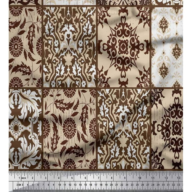 Soimoi Moss Georgette Fabric Check & Damask Patchwork Print Fabric by the Yard 42 Inch Wide