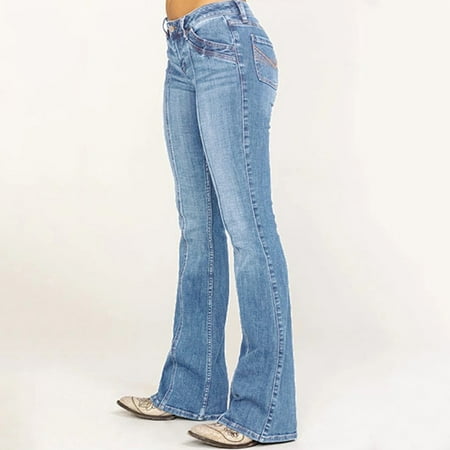 WQJNWEQ Womens Bell Bottom Leggings Junior Sales Misses Mid Waisted Jeans Embroidery Stretch Button Flare Pants Jeans