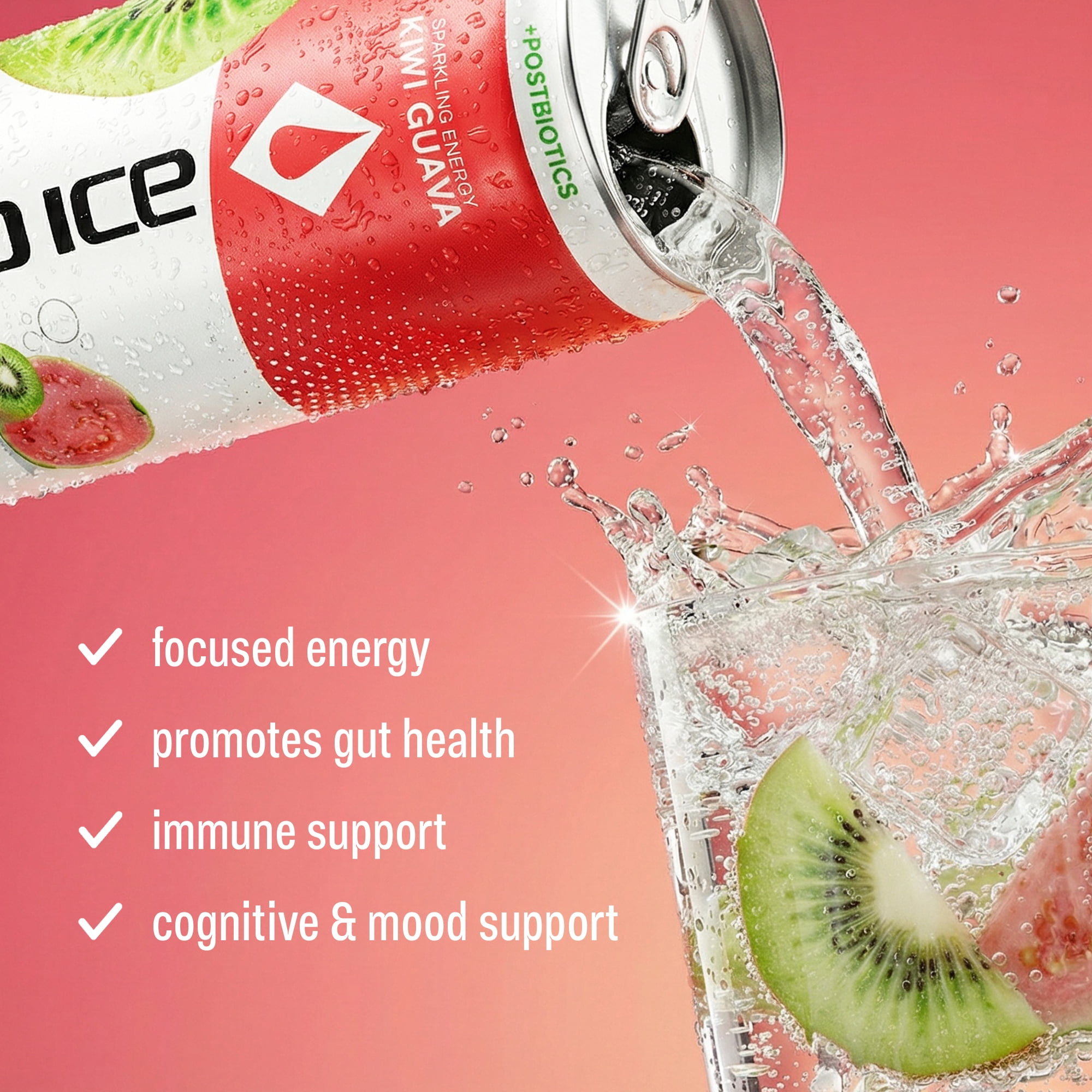 Liquid Ice Energy Drink, Zero Sugar, Kiwi Guava 12 Fl Oz 12 Pack, Postbiotics, Clean Energy, 120mg Natural Caffeine, L Theanine, Green Tea Extract, CoQ10, Antioxidant Support