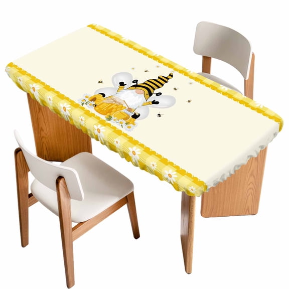 Yellow Bees Gnomes Table Cloths for 6 Foot Rectangle Tables, Farmhouse Spring Floral Checkered Patio Waterproof Elastic Fitted Tablecloths, Washable Rectangular Table Cover for Camping