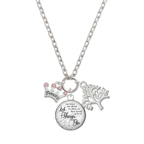 Delight Jewelry Silvertone Small ''Princess'' Crown with Pink Crystals Let Things Go Fall Zoey Charm Necklace, 28"