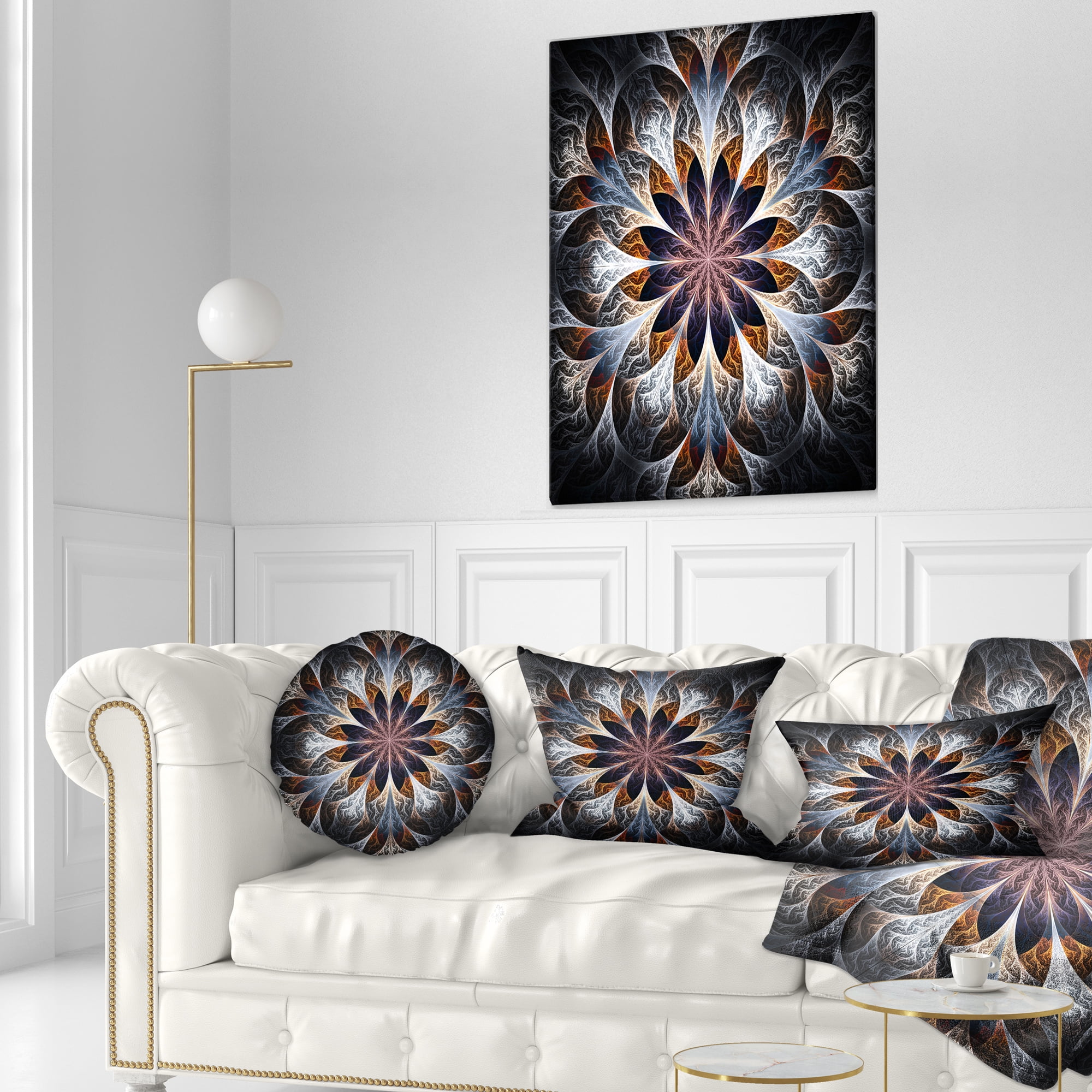 Designart Gray Brown Digital Art Fractal Flower - Floral Throw Pillow - 12x20