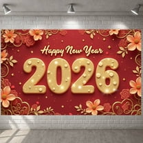 Red Background Happy New Year Banner Gold Lettering 2026 New Year Display Floral Pattern Festive Design New Year Backdrop for New Year Party Holiday Celebration Indoor Decor