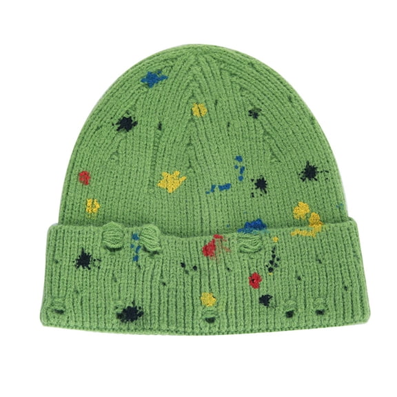 Rainbow of Neon Paint Splatters Knit Cap Hat Winter Cuffed Beanie Hats Classic Warm Cap for Adult Women One Size - Green