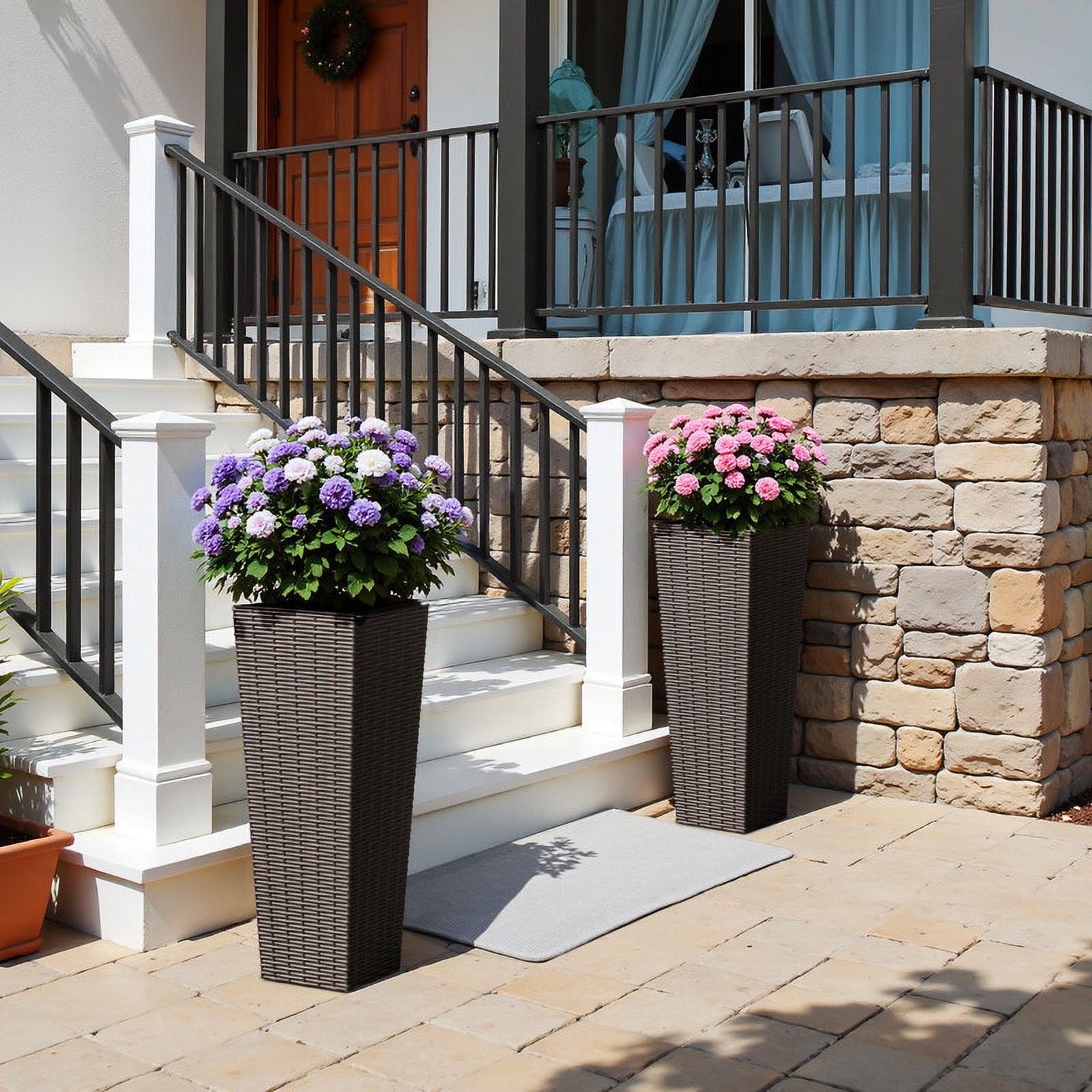 Homall 2-Pack 24" Tall Outdoor Plastic Planters with Inside Pots, Rattan - Patterned for Patio Decor