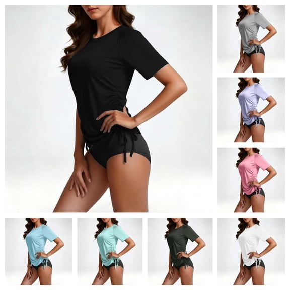 Lopecy-Sta Women's Swim Shirt Short Sleeve Round Neck Side Drawstring Quick Dry Top for Swimming and Beach Activities
