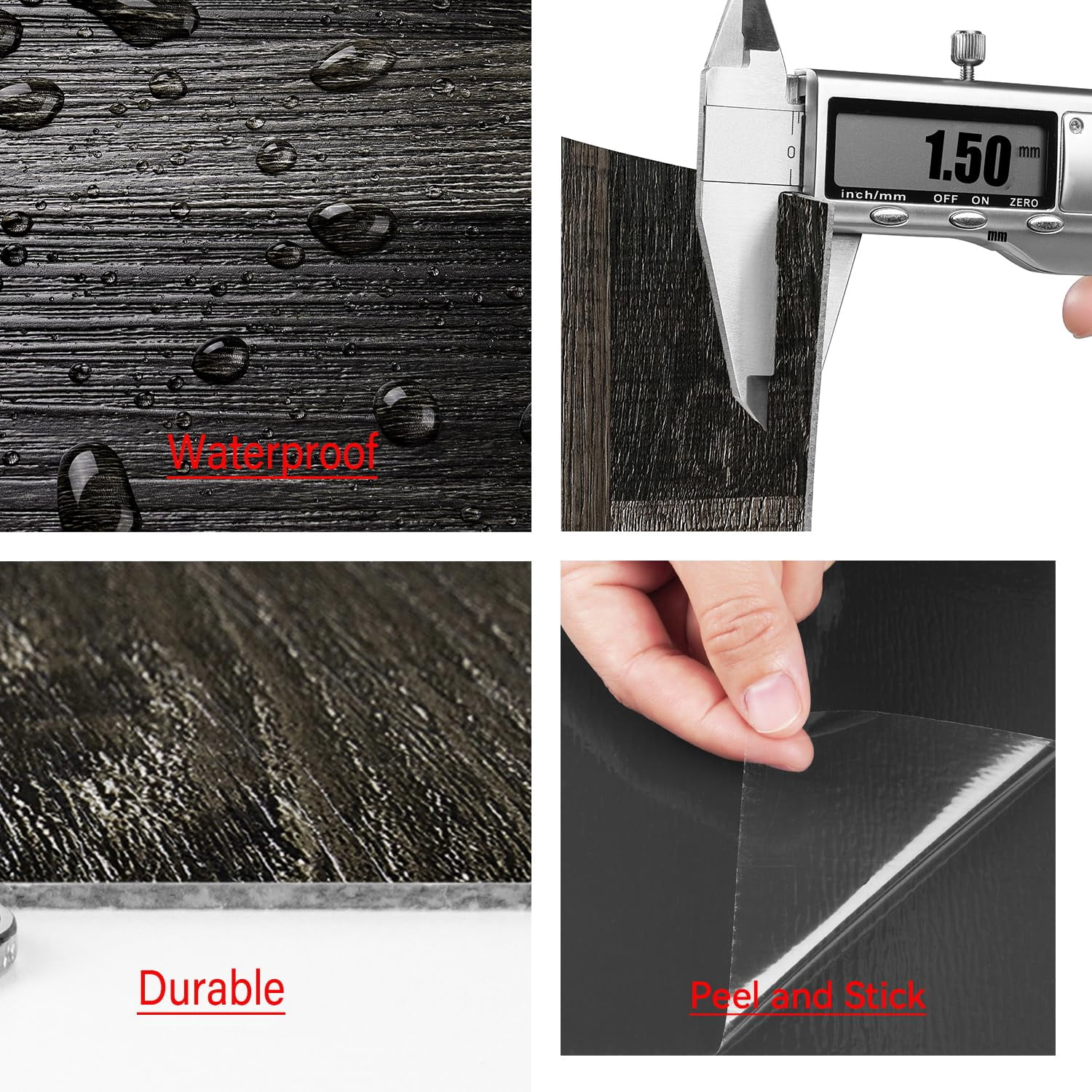 Retro Black Peel and Stick Floor Tile 12x12 4-Tiles Luxury Vinyl Plank Flooring Waterproof Kitchen Floor Tiles Self Adhesive Laminate Square Vinyl Sheet Flooring PVC Natural Black Walnut