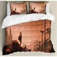 thumbnail image 3 of Fantasy Duvet Cover Set, Cartoon Woman Hiker Looks at the Abandoned Destroyed City Urban Lonely Person Image, Decorative 2 Piece Bedding Set with 1 Pillow Shams, Twin Size, Pink Red, by Ambesonne, 3 of 3