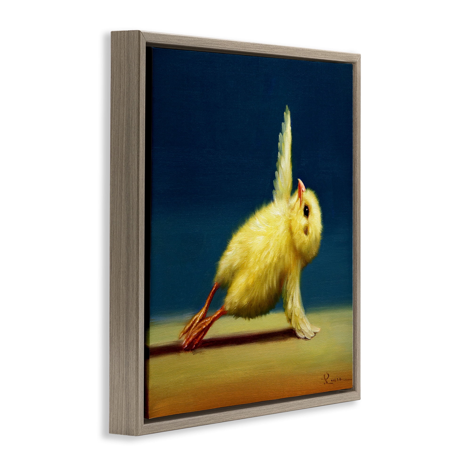 Stupell Industries Yellow Chick Stretching Yoga Animals & Insects Painting Brown Floater Framed Canvas Art Print Wall Art, 18 x 18