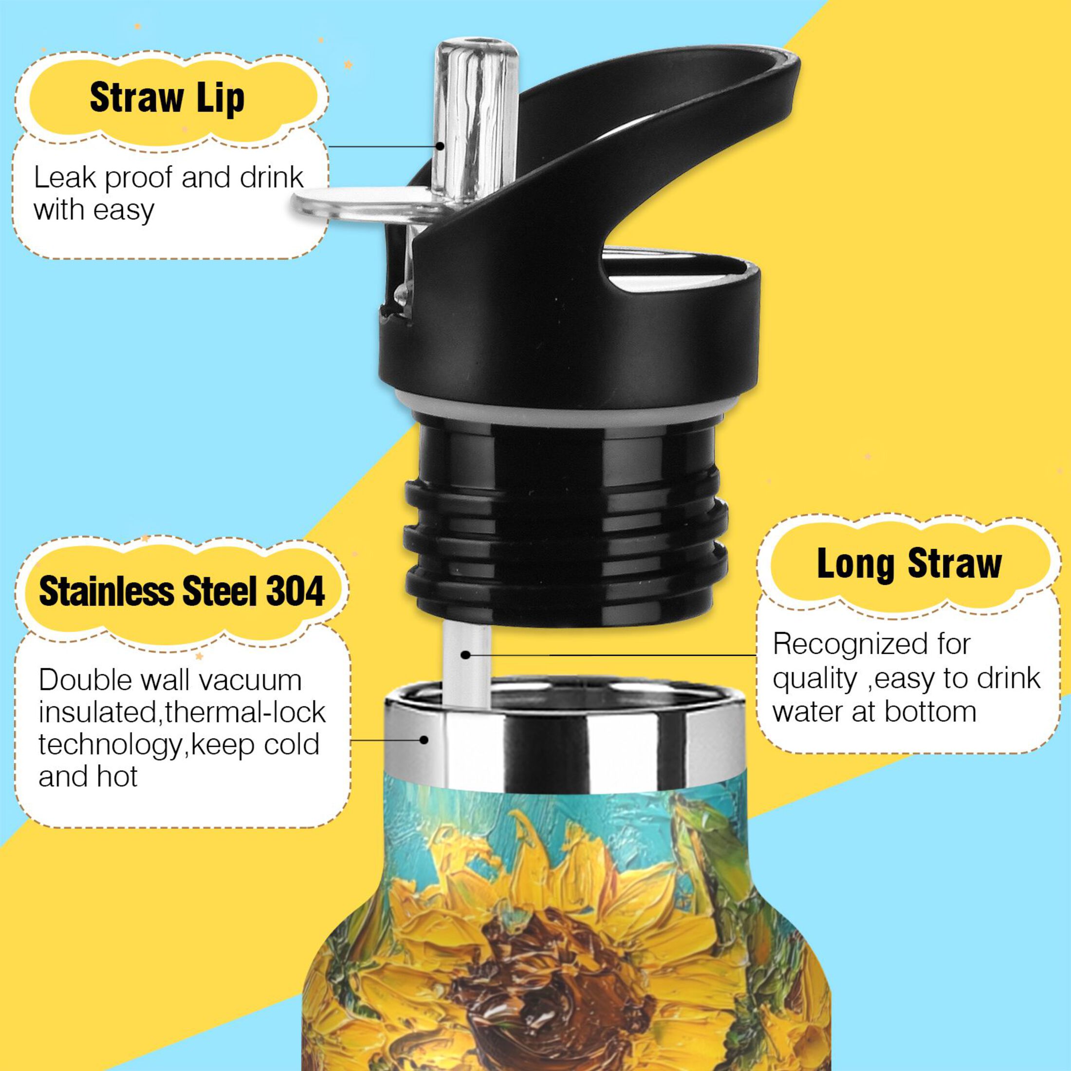 600ML Stainless Steel Insulated Cup Sports Water Bottle Portable Thermos Cup Water Glasses Insulated Tumblers Convenient and Durable Sunflower Cat