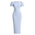 thumbnail image 7 of Women's Puff Sleeve Bodycon Work Dresses Crew Neck Business Casual office Pencil Dress Sky Blue S(S), 7 of 7