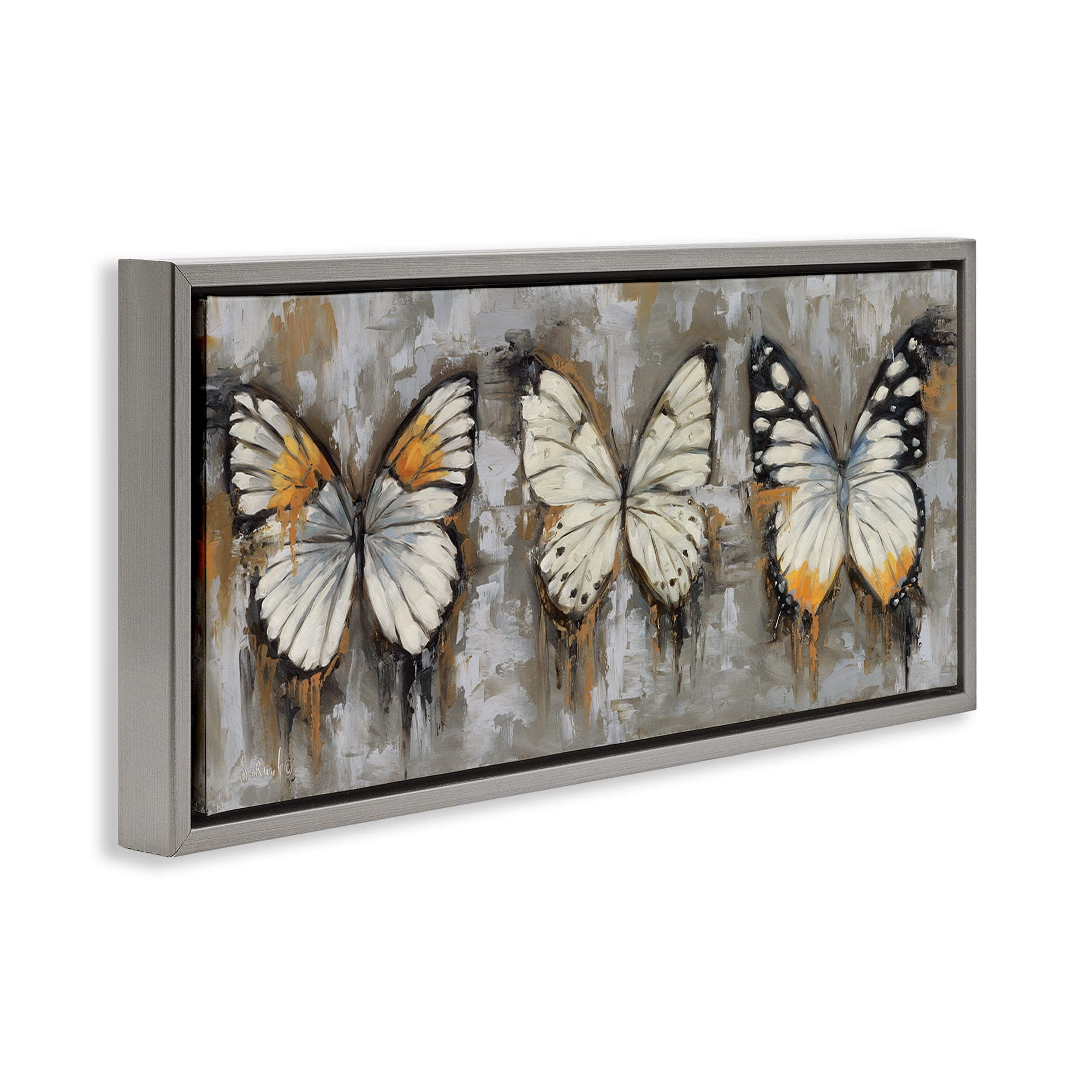 Stupell Industries Stylized Modern Butterflies Animals Painting Gray Floater Framed Canvas Art Print Wall Art, 25 x 11