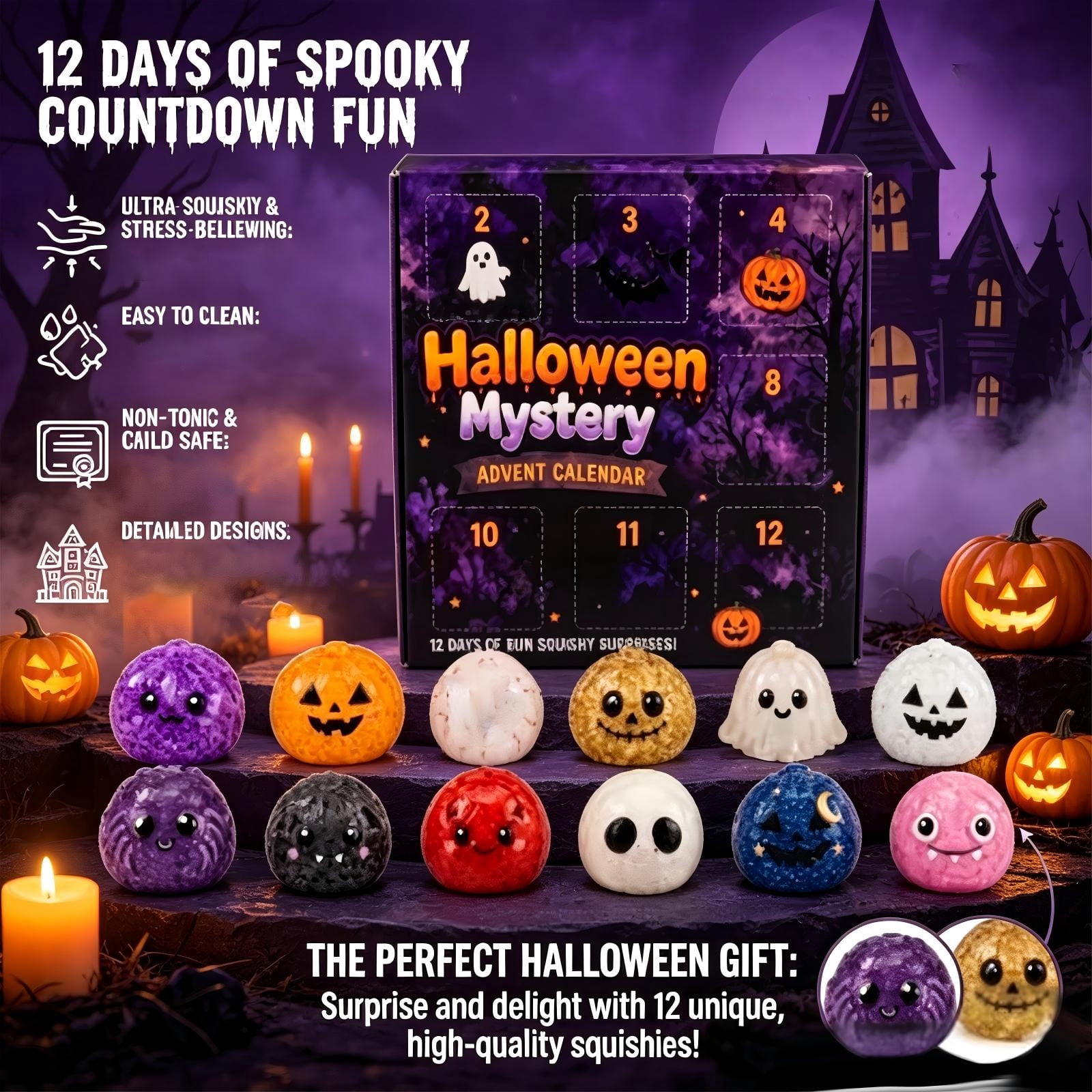 Crazy Fun RMS Halloween Dumpling Squishies Toys - Halloween Mystery Advent Calendar, 12 Days of Spooky Bao Bun Squishiesies Surprises with Glitter Fun, Stress Relief Toys for Adults