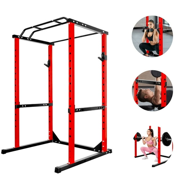 Red Power Cage, 2”x2”Square Frame Power Rack, Multi - Function Home Gym Squat Rack for Strength Training, Muscle Building, Fitness Workouts