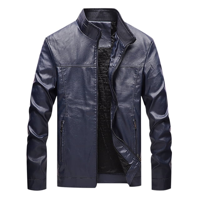 Mens Autumn Fashion Pure Color Stand Collar Imitation Leather Jacket Coat