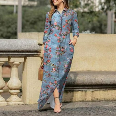 

ADXFWORU Ladies Lapel V Neck Long Sleeve Robe Long Prints Dress Buttons Shirt Long Dress Blue XL
