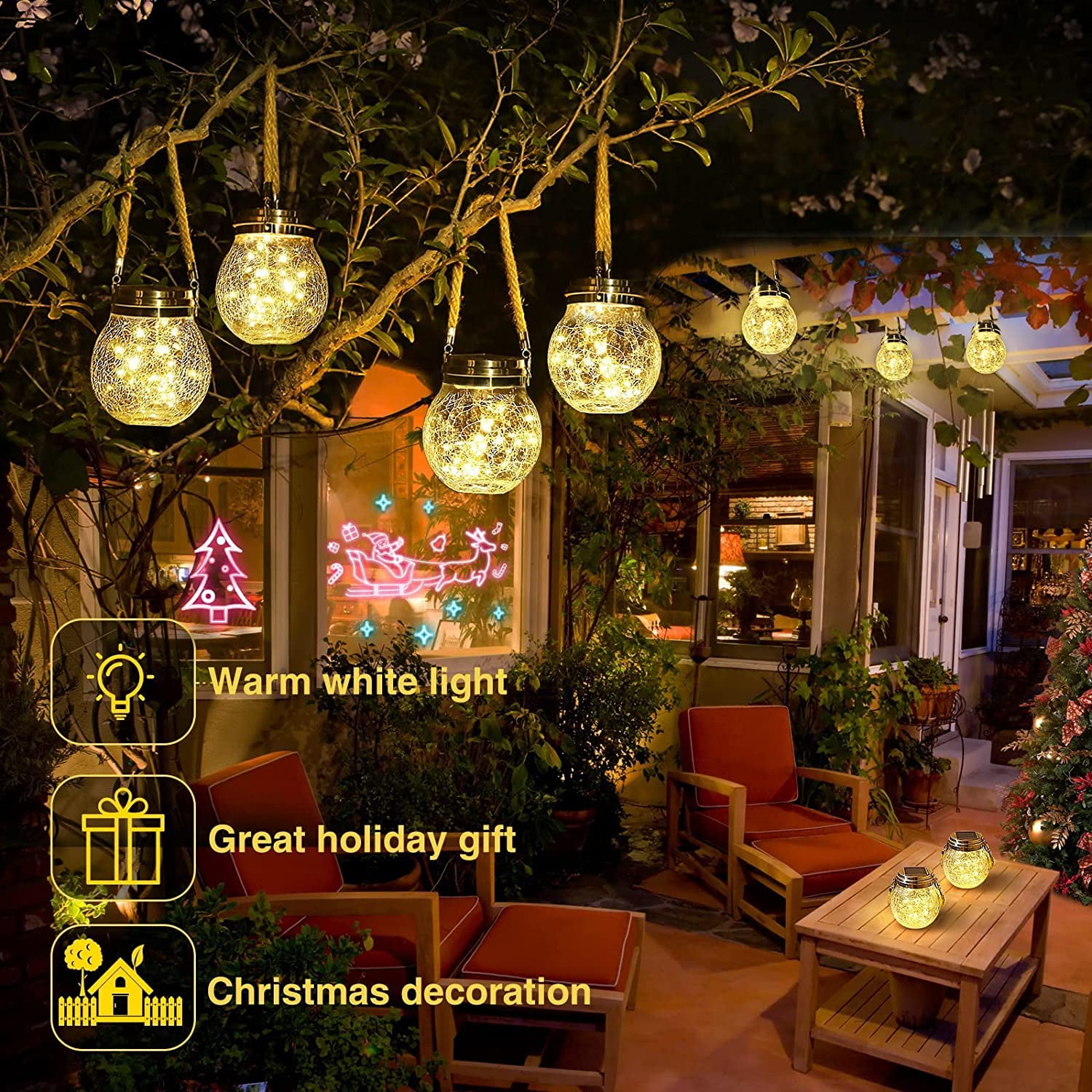 JSOT 4 Pack Solar Hanging Lanterns, LED Solar Garden Lanterns, Solar Outdoor Christmas Lights for Eaves, Patio, Fence, Pathway