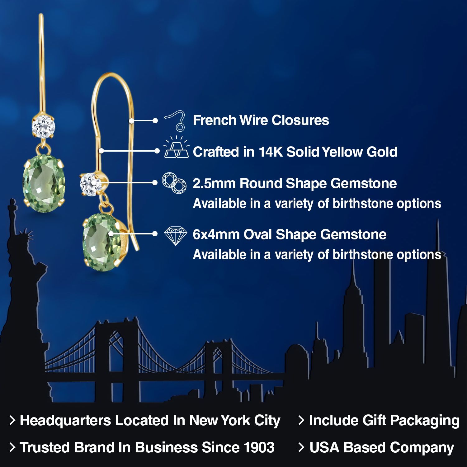 Gem Stone King 14K Yellow Gold Green Sapphire and White Topaz French Wire Dangle Earrings for Women (1.26 Cttw, Gemstone September Birthstone, Oval 6X4MM and Round 2.5MM)