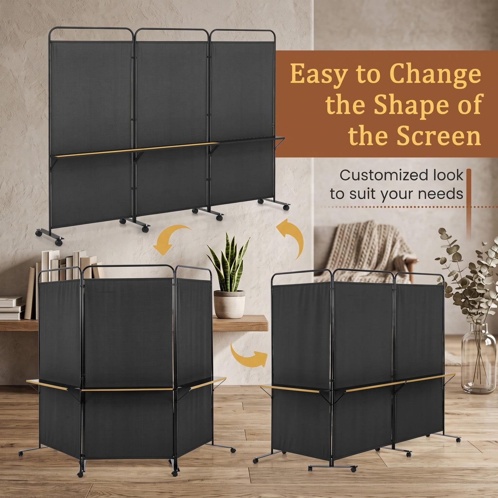 ALPULON 3-Panel Folding Room Divider Privacy Screen with 3 Metal Shelves and Lockable Wheels, Freestanding Partition Panel for Living Room Bedroom Office, Black
