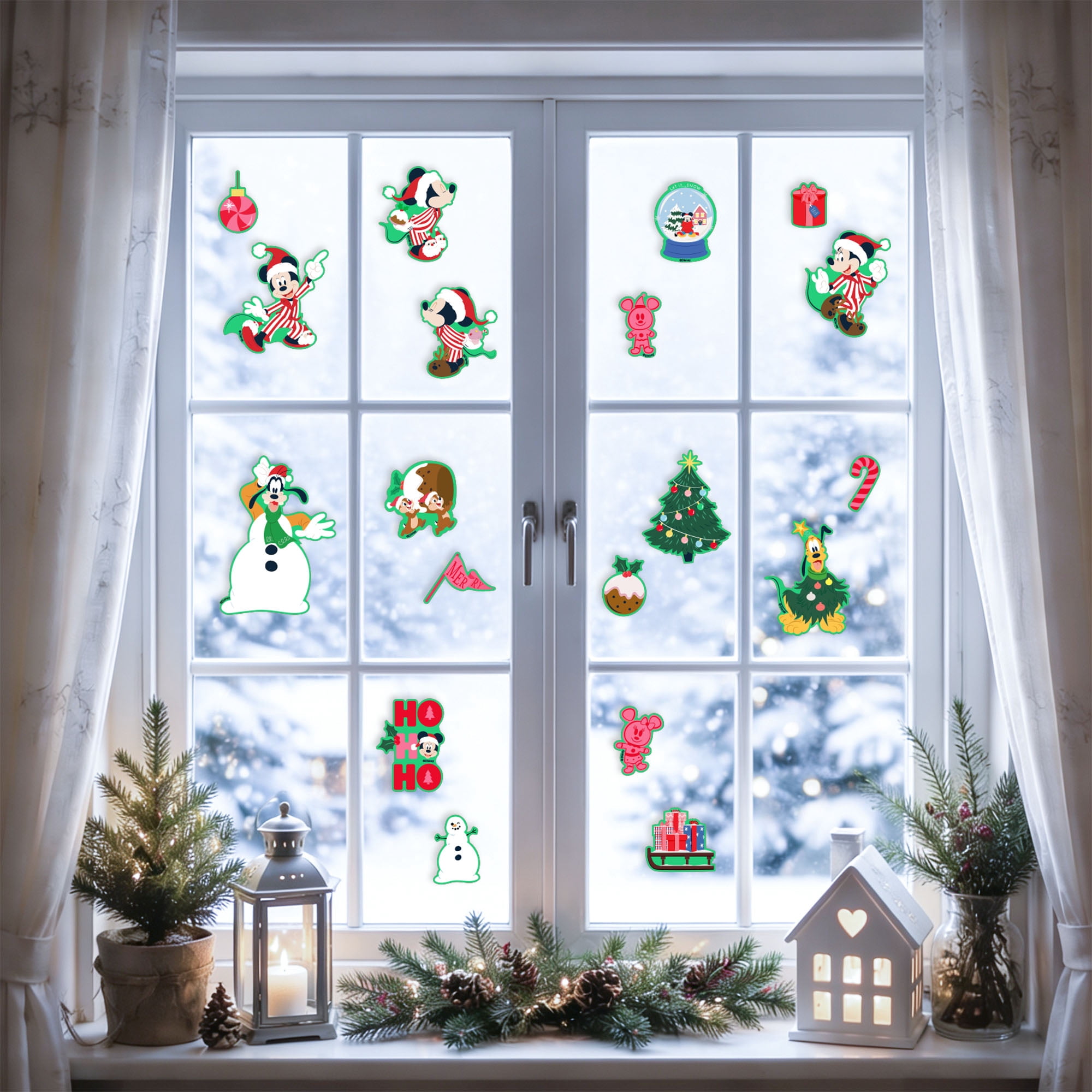 Disney Mickey & Friends Christmas Window Clings, 19‑Piece Holiday Window Decorations – Mickey, Minnie, Goofy & Pluto
