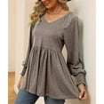 thumbnail image 3 of Temofon Womens Long Sleeve shirt Tunic Tops V-Neck shirt 2024 Casual Puff Pleated Flare Blouse T-Shirts with Smocked Cuffs fall clothes coffee, 3 of 5