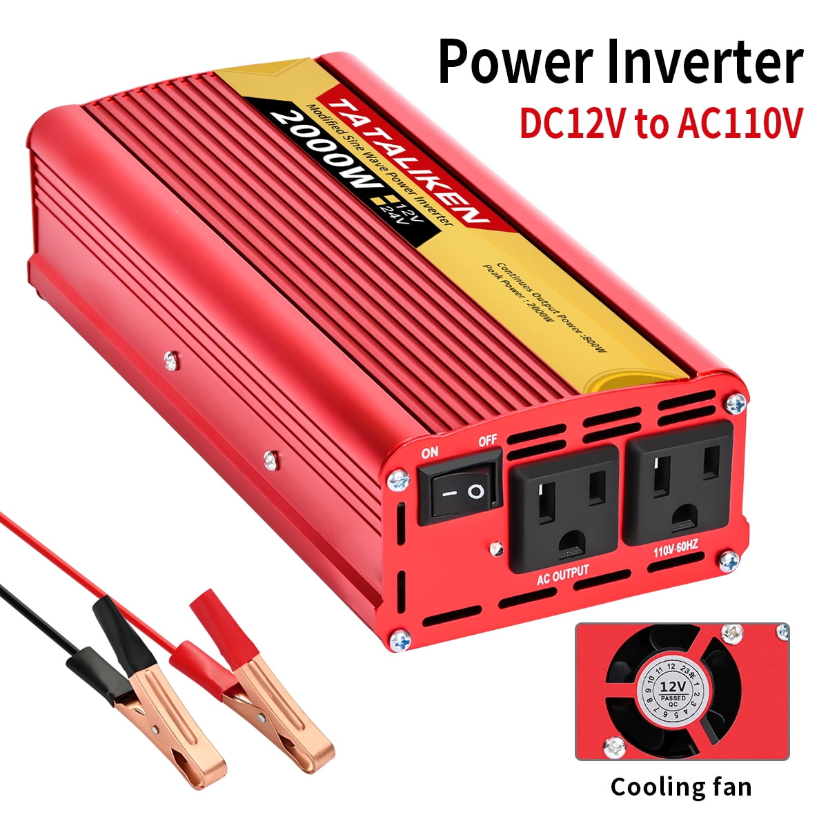 TATALIKEN 2000W（Rating power 800 W）Power Inverter DC 12V to AC 110V/120V Car Inverter with Battery Clamp Cable 2 AC Outlets for Power Tools Home Vehicles RV Truck, Red