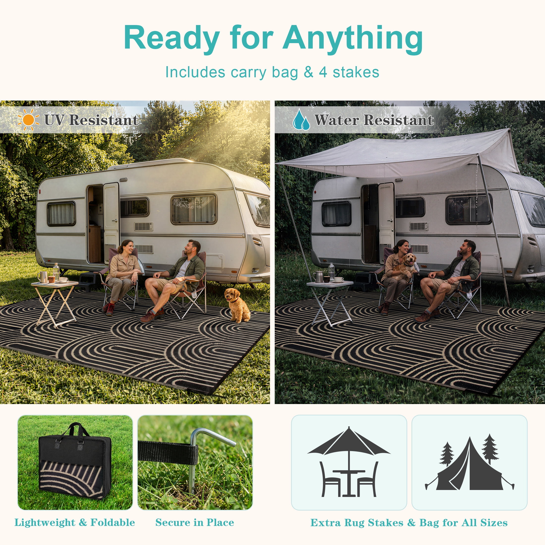Wonnitar Large Outdoor Rugs Waterproof 8'x10' Reversible Plastic Straw Rug, Modern Rainbow Outside Carpet for RV Patio Deck Porch Balcony Picnic Camping Beach, Black&Brown-Rainbow