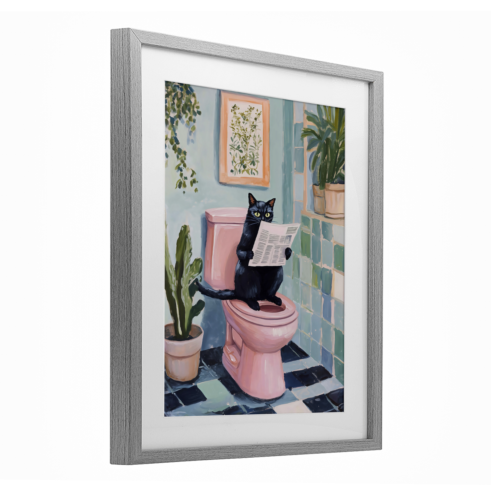 Stupell Industries Cat Reading on Pink Toilet Gray Framed Print Under Glass, design by The Prints Vibe