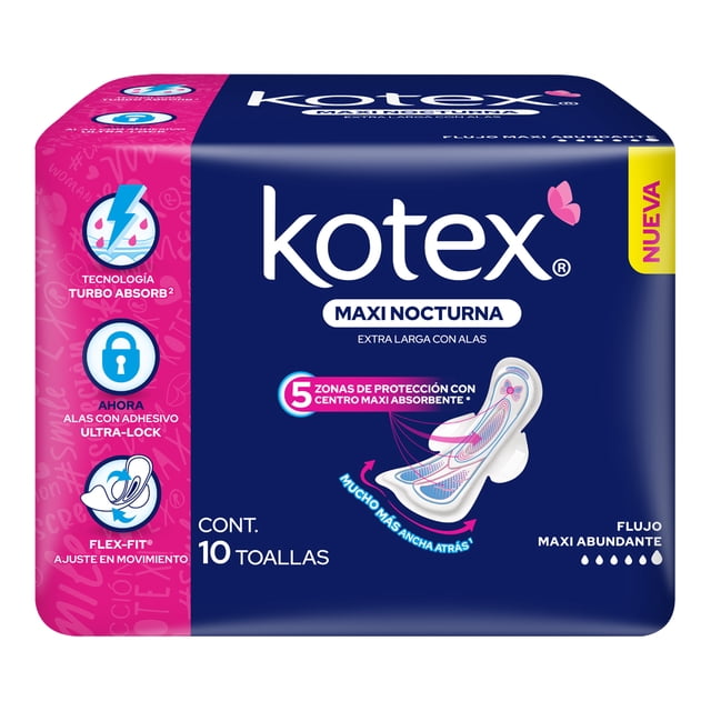 Toallas femeninas Kotex Maxi Nocturna extra larga con alas flujo maxi abundante 10 piezas