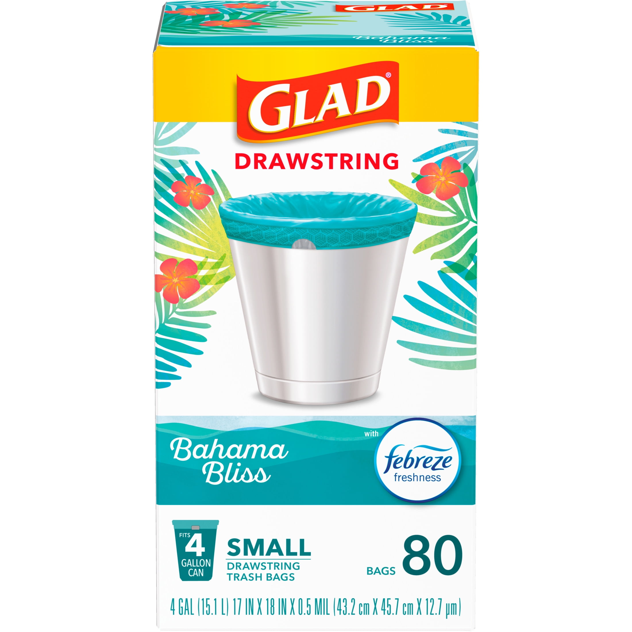 Glad 4-Gallon Teal Drawstring Small Trash Bags, Febreze Freshness Bahama Bliss Scent, 80 Bags