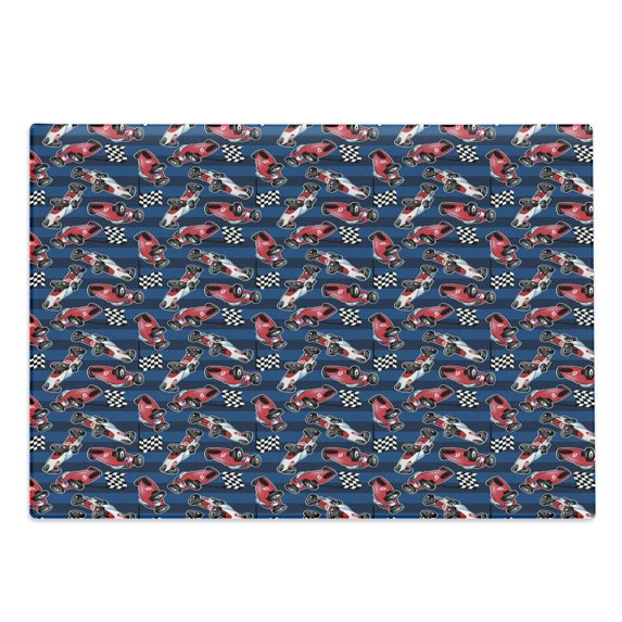 Cars Cutting Board, Vintage Racing Cars on Blue Stripes with Checkered Flags Automobile Sports, Decorative Tempered Glass Cutting and Serving Board, Large Size, Navy Blue Red Black, by Ambesonne