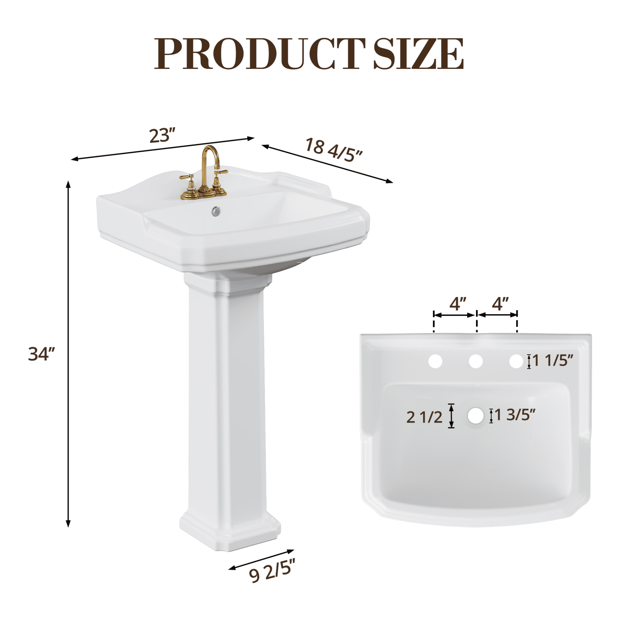 23"L x 19"W Rectangular Pedestal Sink, White Ceramic Pedestal Bathroom Sink with 3 Faucet Holes At 4" Faucet Centers, with Overflow (White Color)