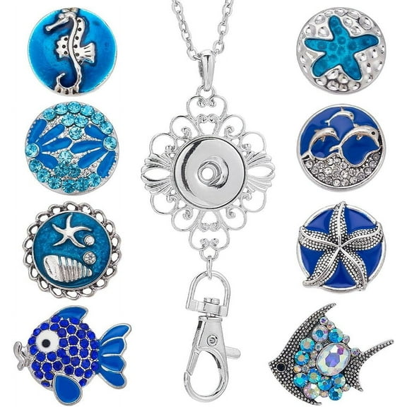 1 Box 8 Styles Women Badge Lanyards ID Badge Lanyard Cute Blue Enamel Rhinestone Ocean Fish Snap Button Lanyard Necklace Interchangeable Teacher Lanyards