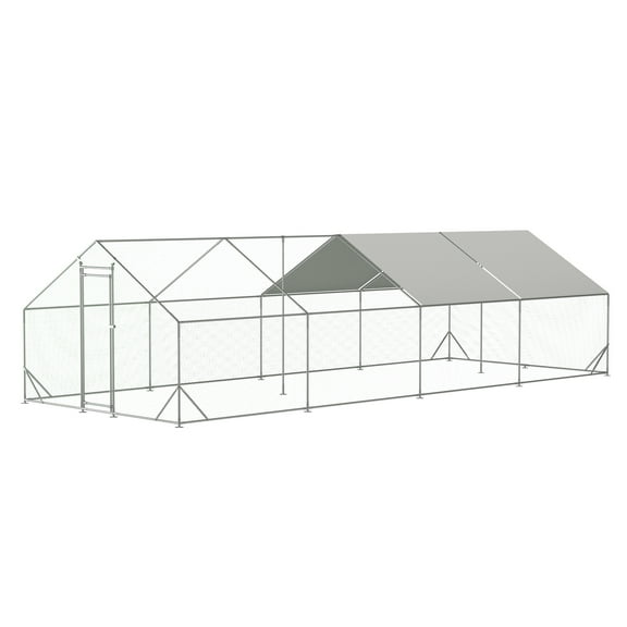 Mulinsonfly Large Walk-In Metal Chicken Coop - Galvanized Steel Predator-Proof Poultry Run with Waterproof Cover & Lockable Door(10' L x 26' W x 6.56' H)