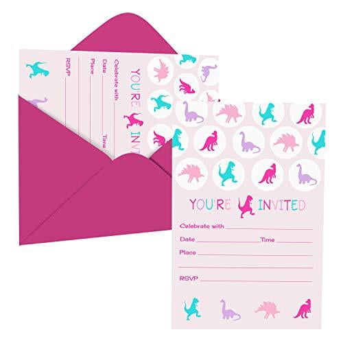 Pink Dinosaur Invitations and Envelope Pack of 15 Girls Birthday, Baby Shower, Kids, Toddlers Dino Theme Event Set of Fill In Blank Invites You Personalize Printed (4x6) Paper Clever Party