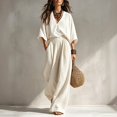 thumbnail image 2 of Clossjun Linen Sets for Women Dressy Casual Cozy Outfits 3/4 Sleeve Top & Wide Leg Pants Fall Vacation Lounge Sets for Work Out Teacher 2XL, 2 of 6