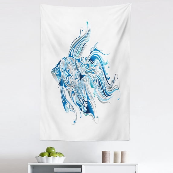 Fish Tapestry, Abstract Betta Splenden in Shades of Bohemian Pattern Swirling Effect, Fabric Wall Hanging Decor for Bedroom Living Room Dorm, 5 Sizes, Blue Azure Blue, by Ambesonne