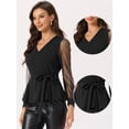 thumbnail image 2 of Top de malla de manga larga con cuello en V y dobladillo con volantes para mujer elegante con cinturón Negro S Allegra K, 2 of 5