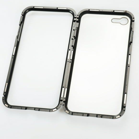 Black Metal-rimmed Mobile Phone Case Hardened Glass Magnetic Adsorption Protection Smartphone Cover Bumper Luxury Aluminum Frame Cases Compatible with iOS Phone 8