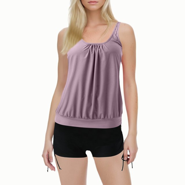 2 Piece Swimsuit for Women Solid Color Stylish Ruffle Tankini Tops with Boyshorts Light Purple Womens Bathing Suits XXL
