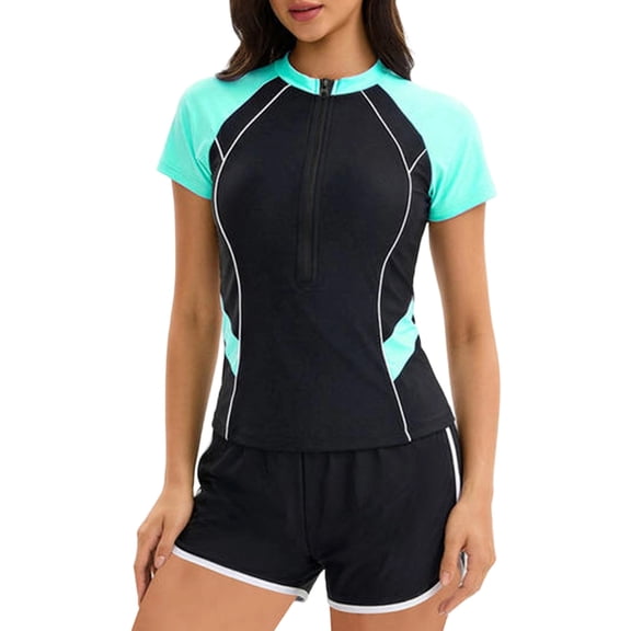Women's Rash Guard Swimsuit Two Piece Half Zip Short Sleeve Color Block Bathing Suit with Swim Shorts Tankini Swimwear Green L