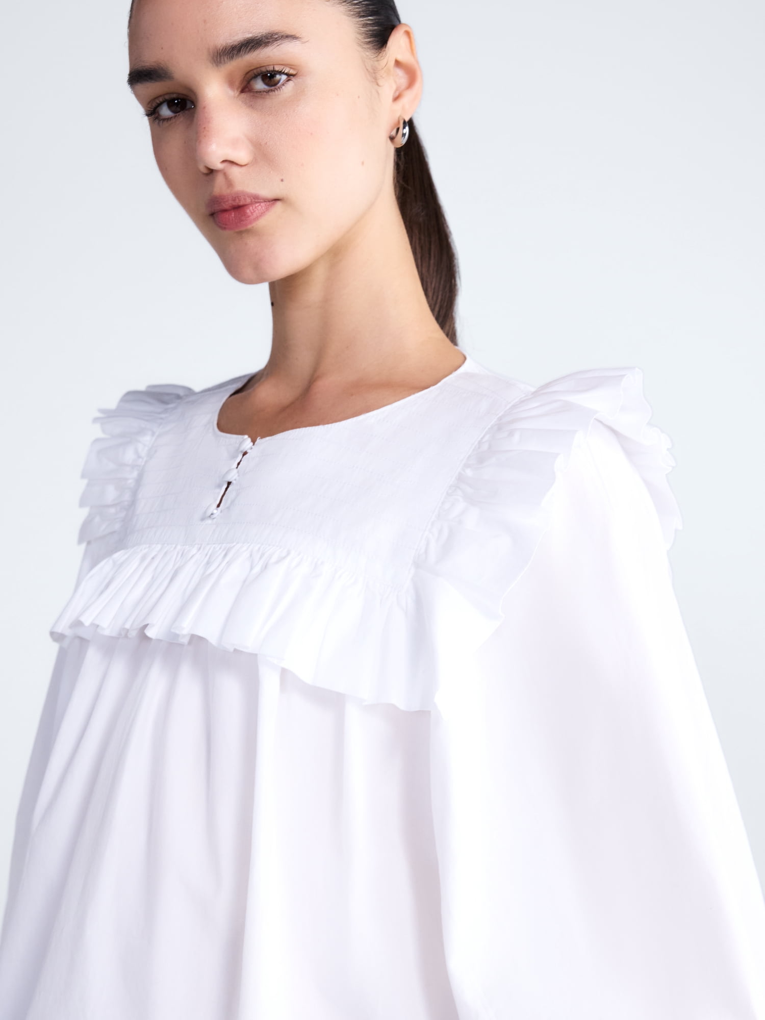 Free Assembly Women's and Women's Plus Ruffle Yoke Cotton Top with Puff Sleeves, Sizes XS-4X