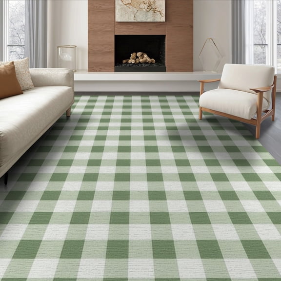 ODIKA 8'x10' Washable Area Rug Durable, Non-Slip Mint Checked Checkered Grid Gingham Squares Geometric Classroom for Living Room, Under Sectional, Family
