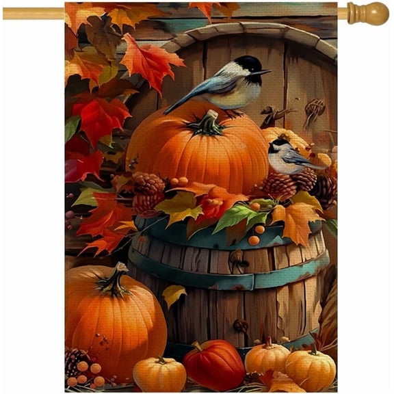 Fall House Flag 28x40 Inch Double Sided for Outside, Thanksgiving Autumn Barrel Bird Pumpkins Maple Leaves Outdoor Seasonal Rustic Yard Flag Farmhouse Porch Decor