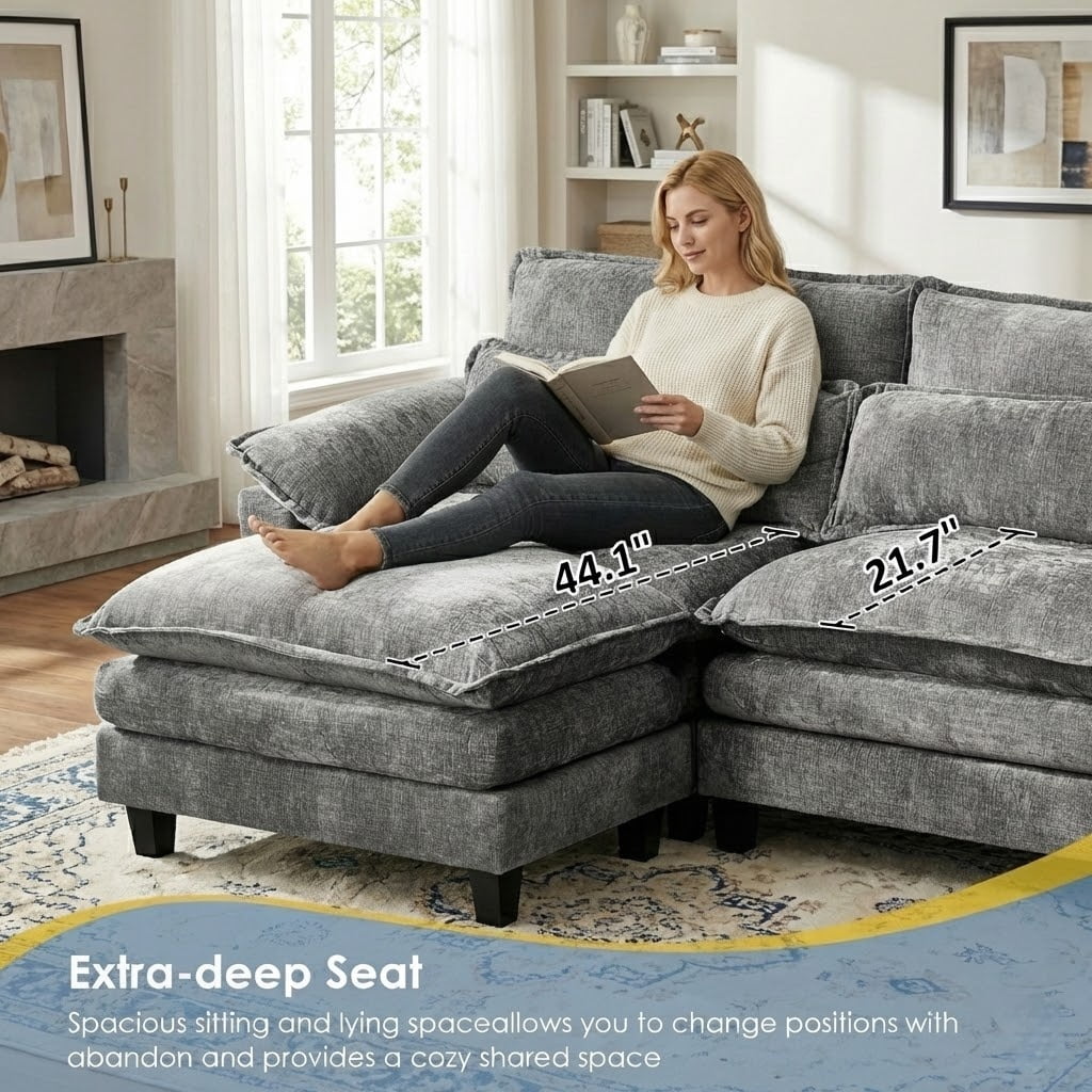 TiramisuBest 113" Cloud Couch Modular Sectional Sofa with 2 Ottomans, Premium Chenille Fabric Sectional Couch with Deep Seat for Living Room Bedroom (Gray)