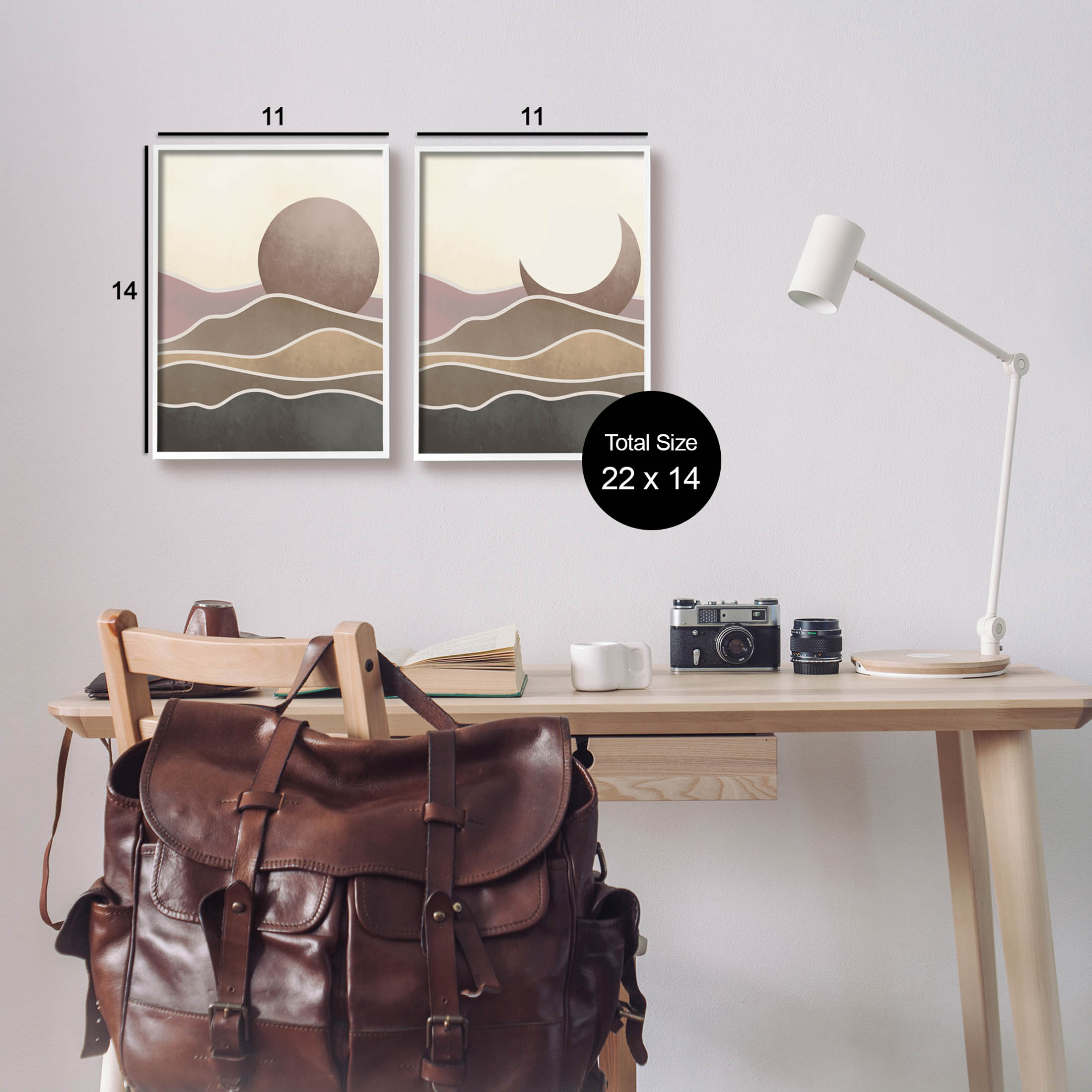 Neutral Toned Landscape Sun Moon Landscape Graphic Art White Framed Art Print Wall Art, Set of 2