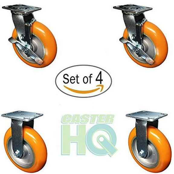 4 Pack - 8" x 2" Non-Marking Orange Tread Polyurethane Casters - 2 Swivel with Brakes and 2 Rigids - Heavy Duty Casters